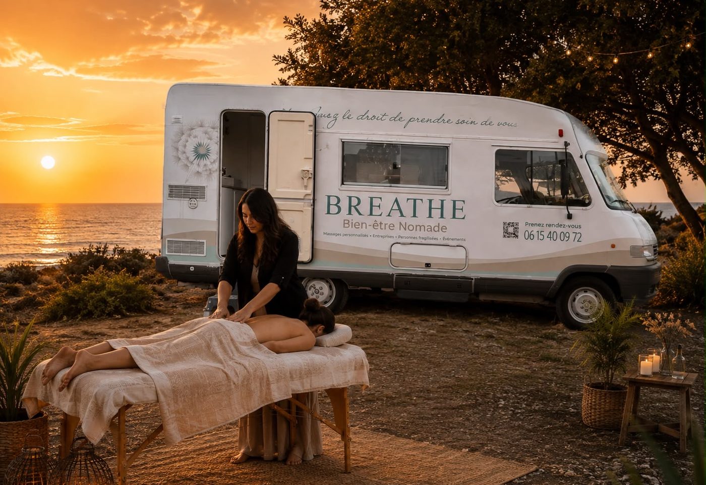 L'espace bien-être BREATHE et sa table installée face à la mer au coucher du soleil