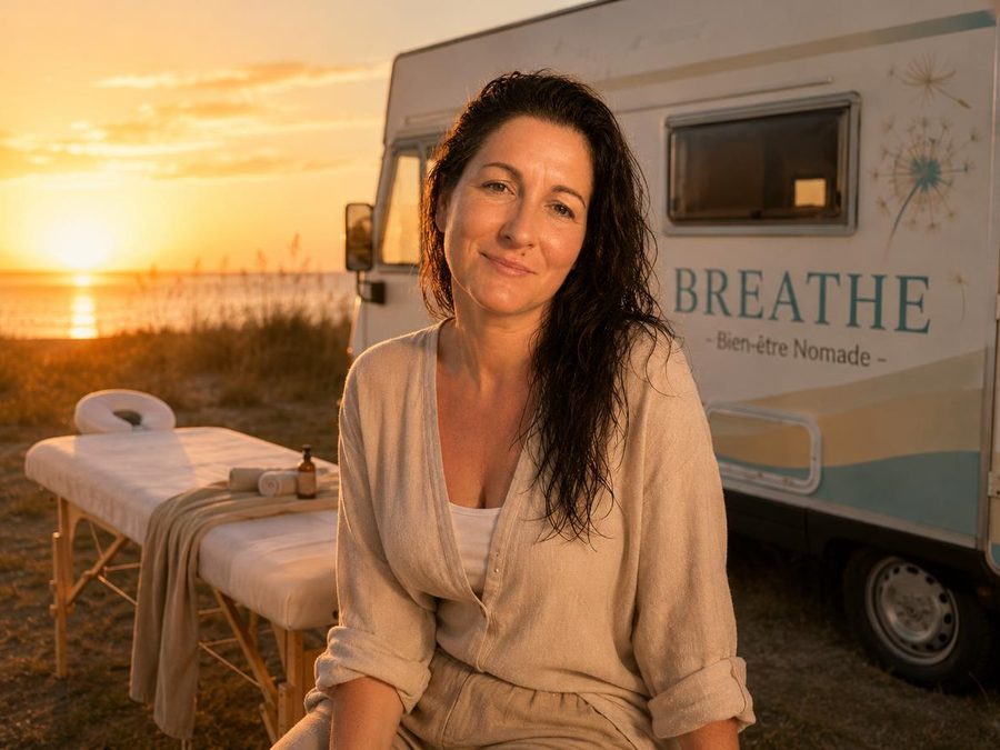 Sandrine, masseuse et créatrice de BREATHE Bien-être Nomade, devant son espace bien-être au coucher du soleil