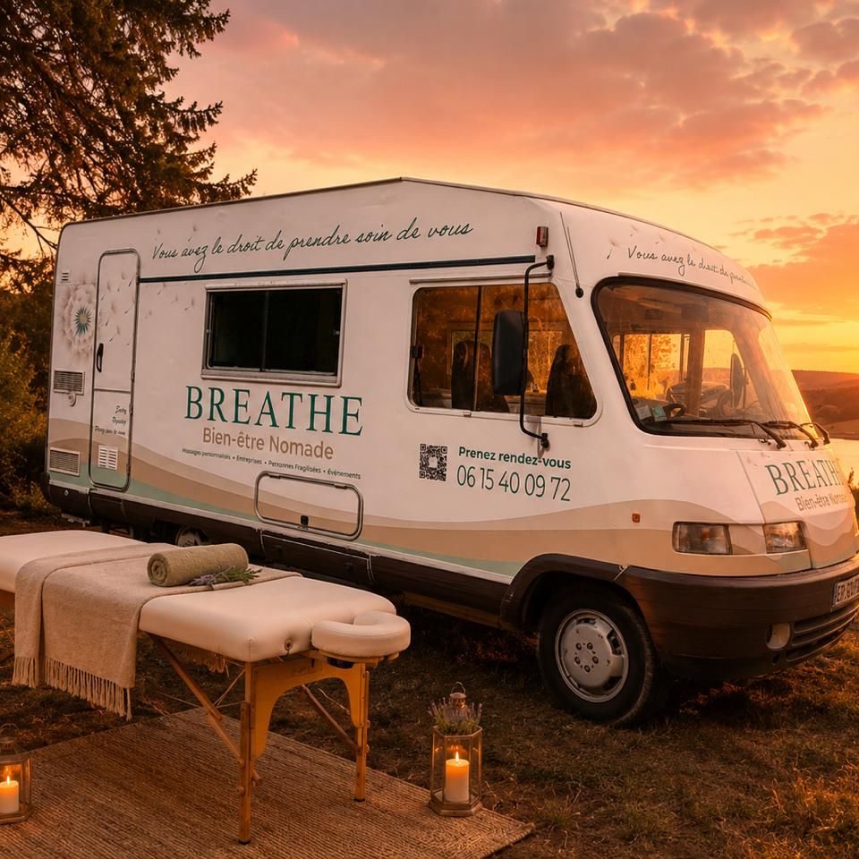 Table de massage dressée devant l'espace bien-être BREATHE, massage nomade sur Caen la Mer